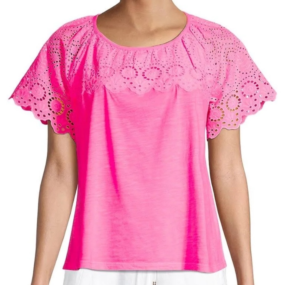 Lilly Pulitzer Taylinn Eyelet Top Flutter Sleeve in Hot Pink